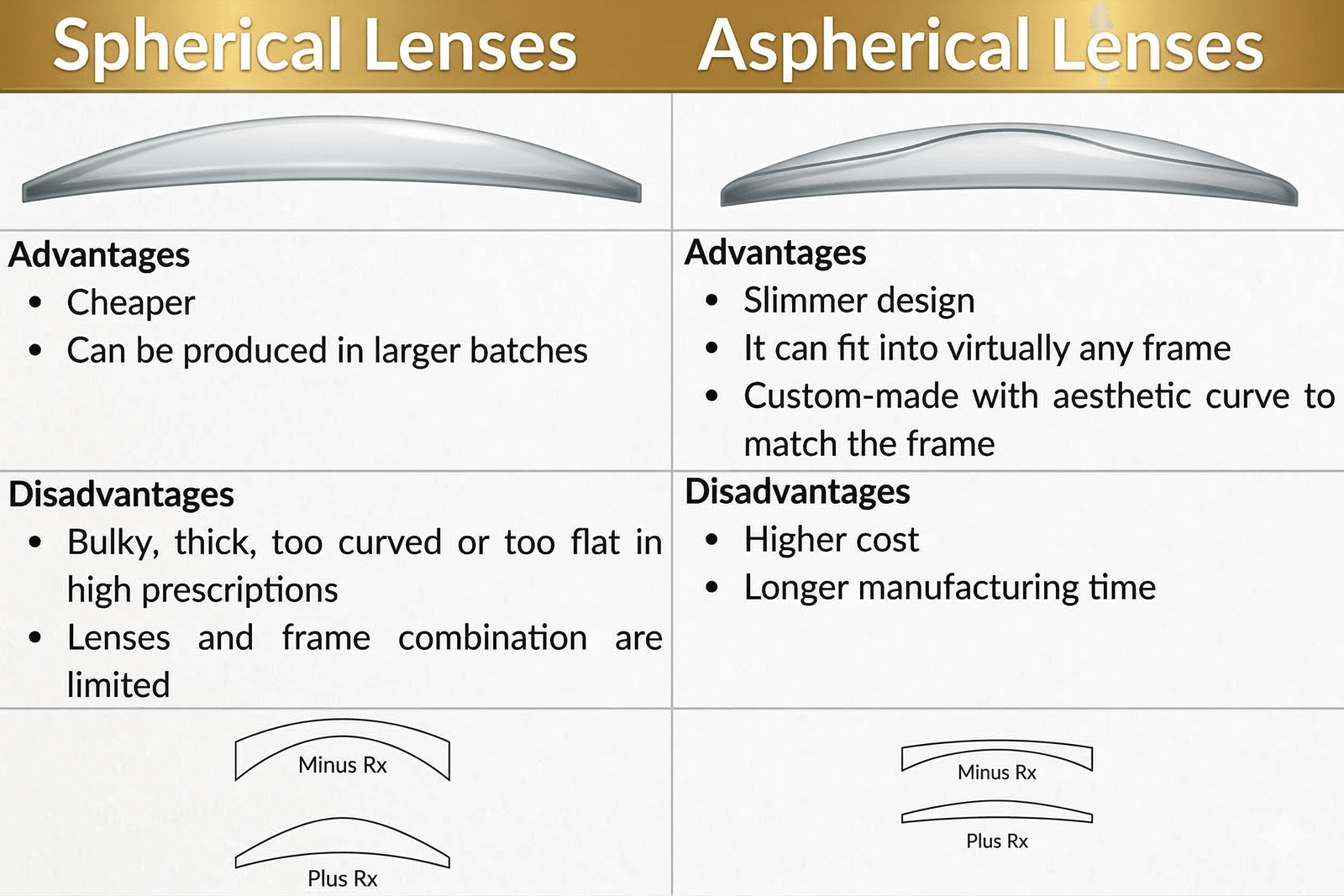 Comparison between spheric, aspheric, and double aspheric lenses